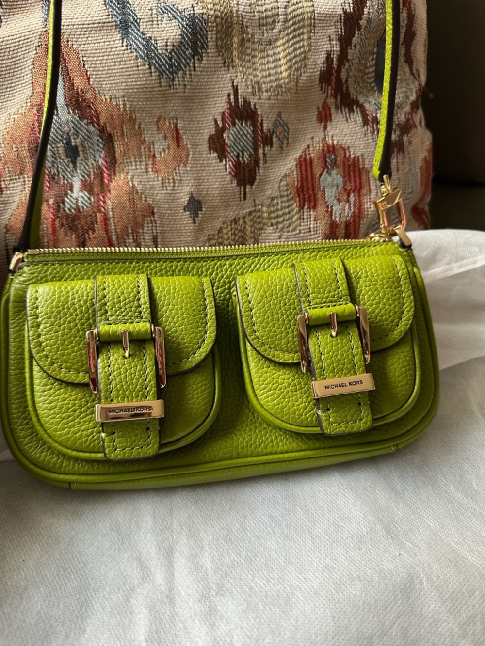Michael Kors Lime Green Pebbled Leather Mini Shoulder Bag with Buckle Pockets
